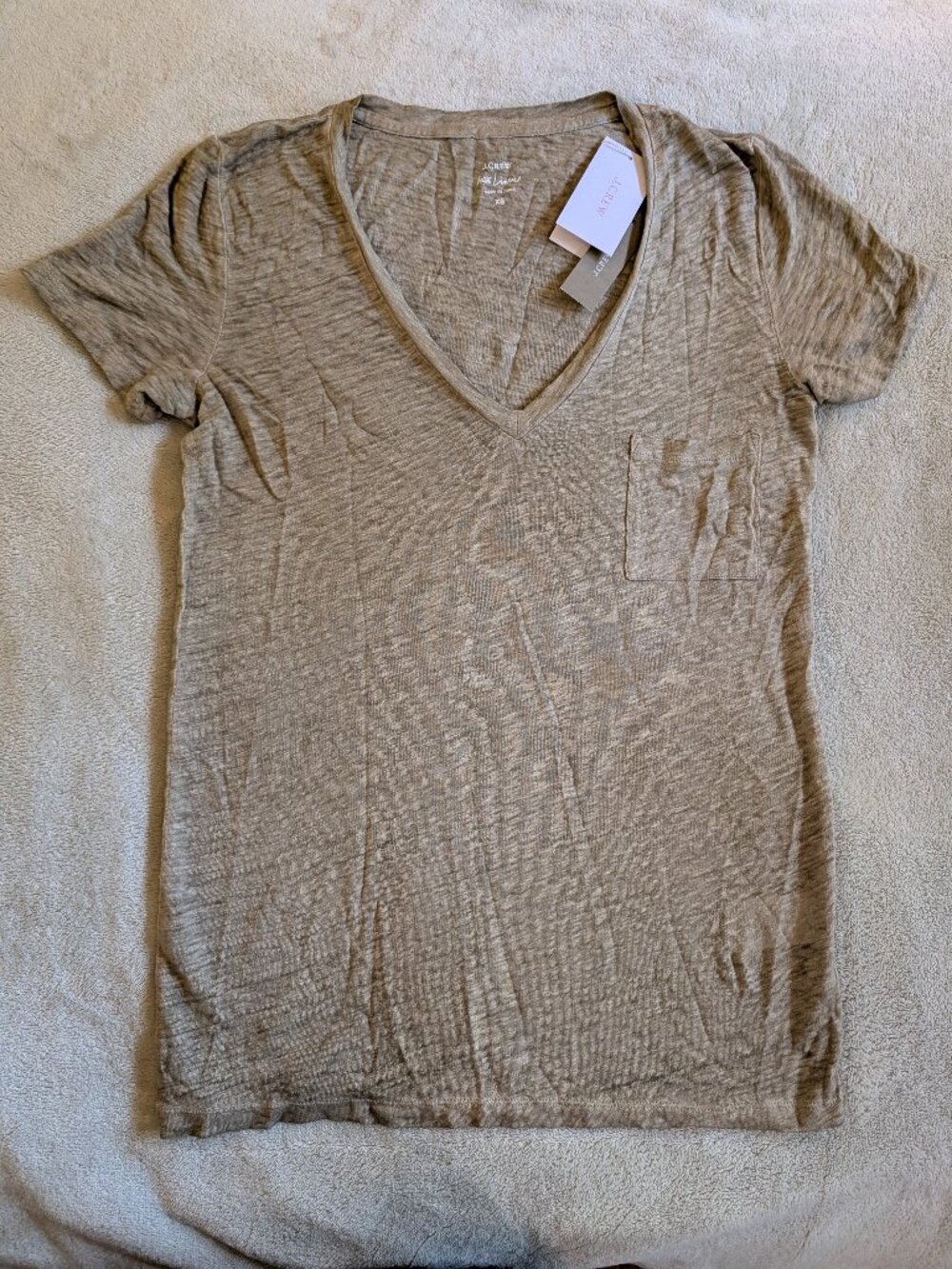 NEW J CREW WOMENS T SHIRT XS Extra Small Brown Short Sleeve Tee V Neck Linen OSA